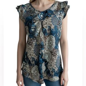 Roz & Ali Blue Paisley Ruffle Neck Blouse Cap Sleeve V-Neck Size Medium